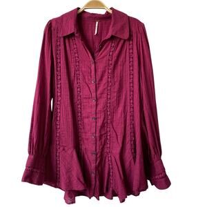 Free People‎ Mikaela Embroidered Shirt Women M Berry Pink Button Up Gauze Boho